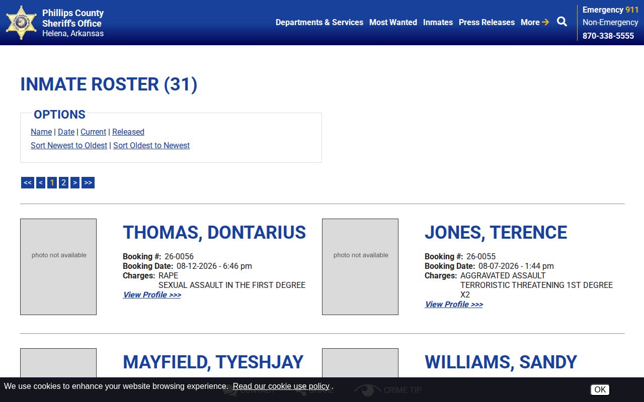 Phillips County current inmate roster booking interface
