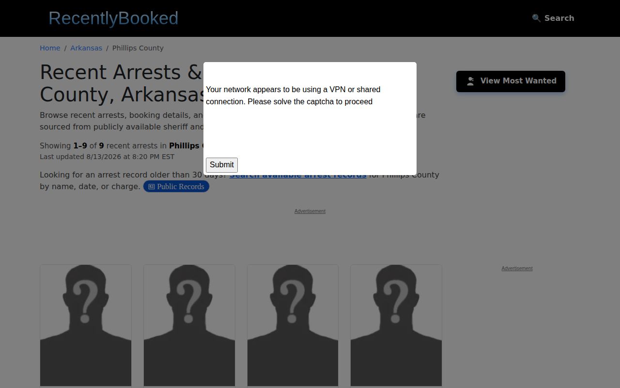 Unofficial RecentlyBooked Phillips County booking page interface