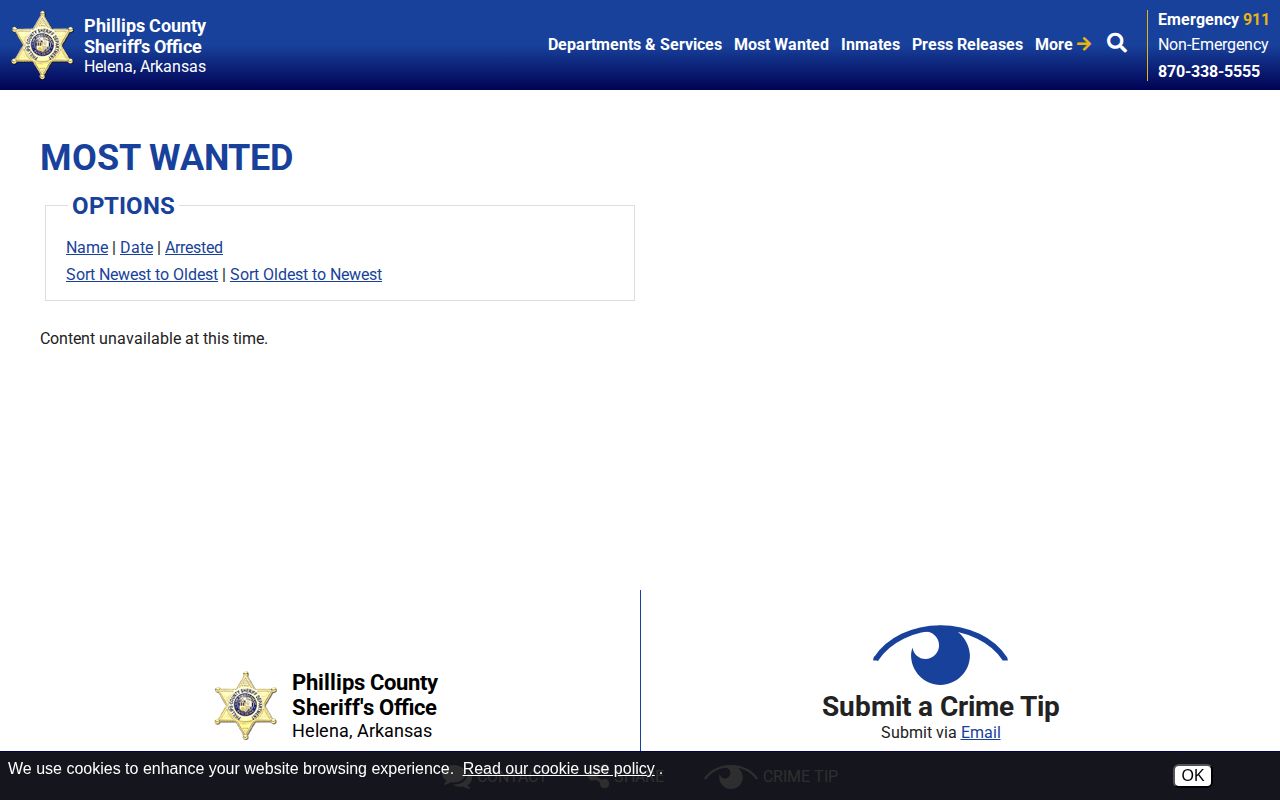 Phillips County wanted list interface with unavailable record content