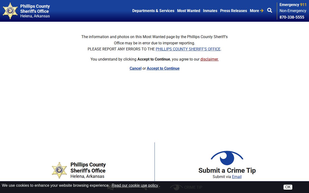 Phillips County Most Wanted official gateway record page